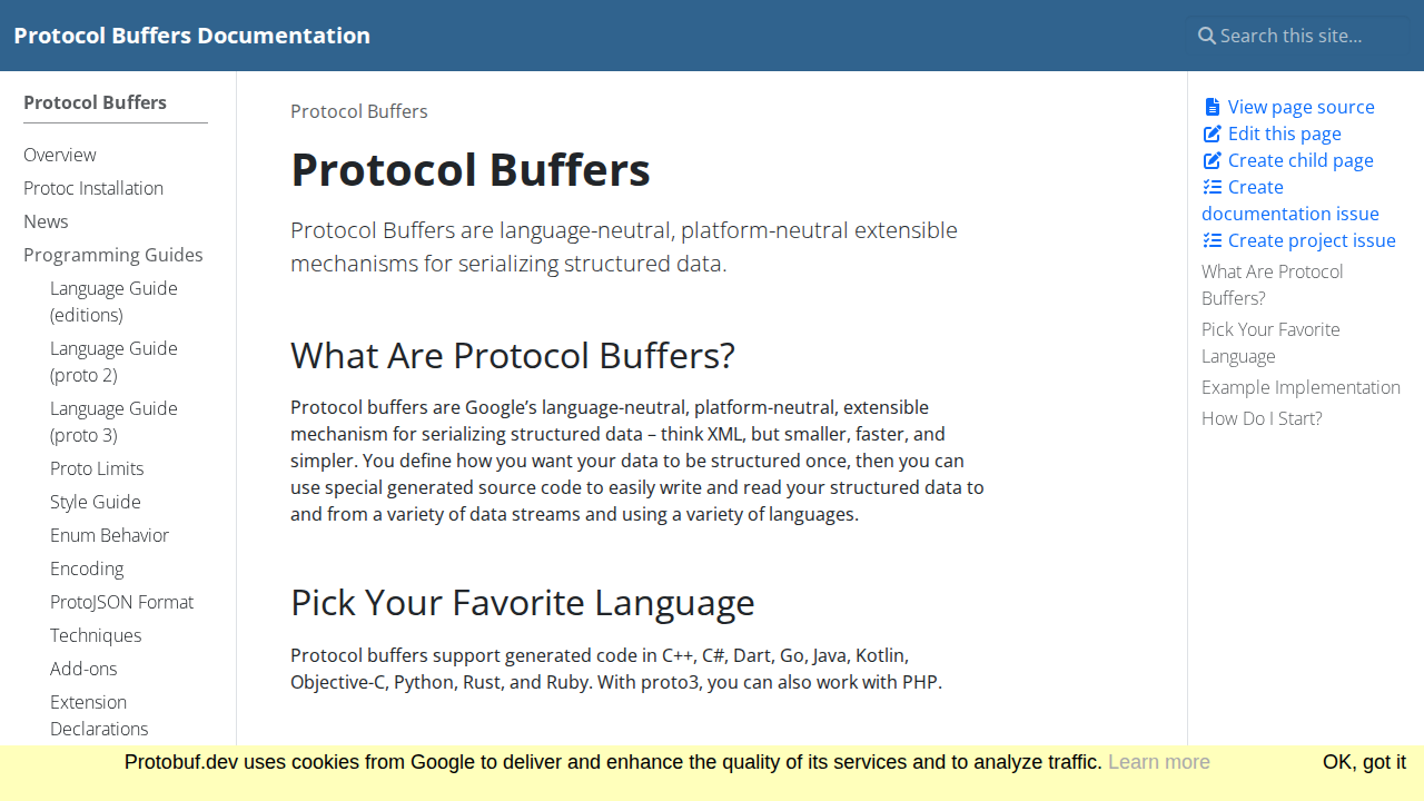 Protocol Buffers Documentation screenshot